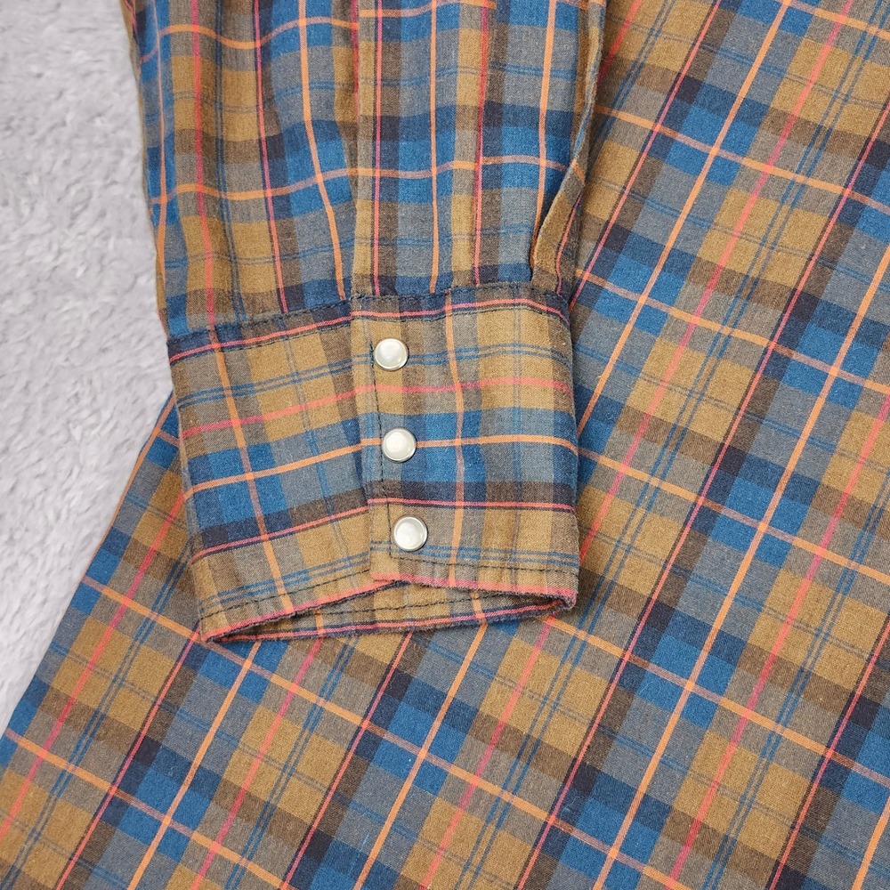 Vintage Wrangler Western Shirt Mens 3XT Brown Blue Plaid Pearl Snap Long Sleeve - Picture 6 of 8